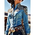 thumbnail image 2 of Women Blue Western Button Down Blouse with Ornate Embroidery and Contrast Trim Long Sleeve Cowboy Shirt, 2 of 3