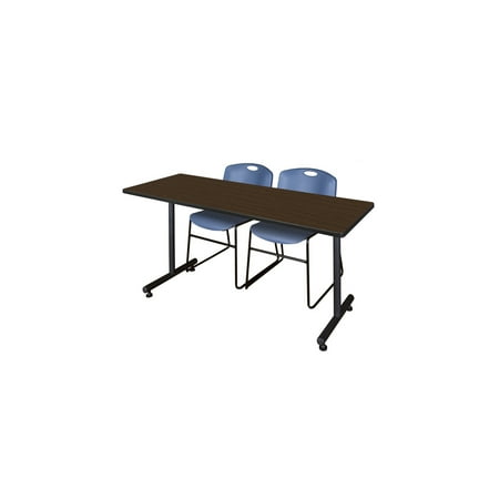 Regency Kobe 60 x 30 in. T-Base Training Seminar Table- Neo Walnut 2 Zeng Stack Chairs- Blue
