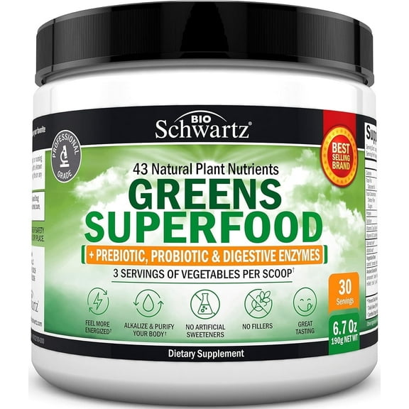 BioSchwartz Super Greens Powder with Probiotics, Prebiotics, and Digestive Enzymes, 30 servings