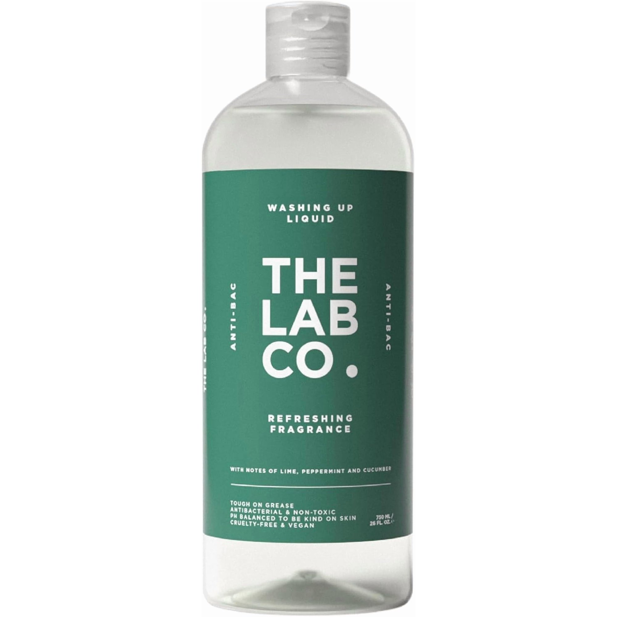 The Lab Co. Antibacterial Washing Up Dishwashing Liquid | Tough on Grease Dish Soap | Gentle on Hands | Plant-Based Formula | 750ml | Refreshing Scent Lime Peppermint & Cucumber