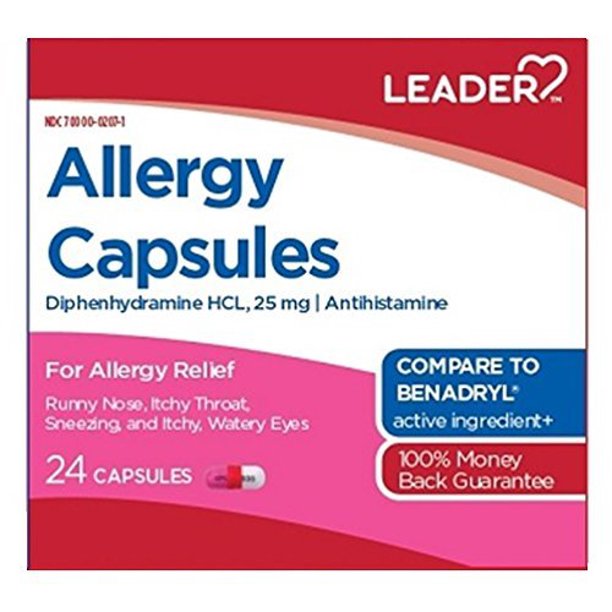 Allergy Medicine with Diphenhydramine 25mg Capsules by Leader, 24 Ea