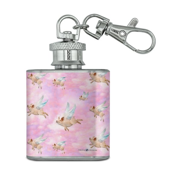If Pigs Could Fly Pink Clouds Wings Stainless Steel 1oz Mini Flask Key Chain