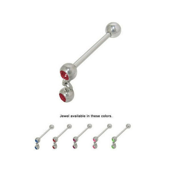 Tongue Ring with Dangle Double Gem Bead