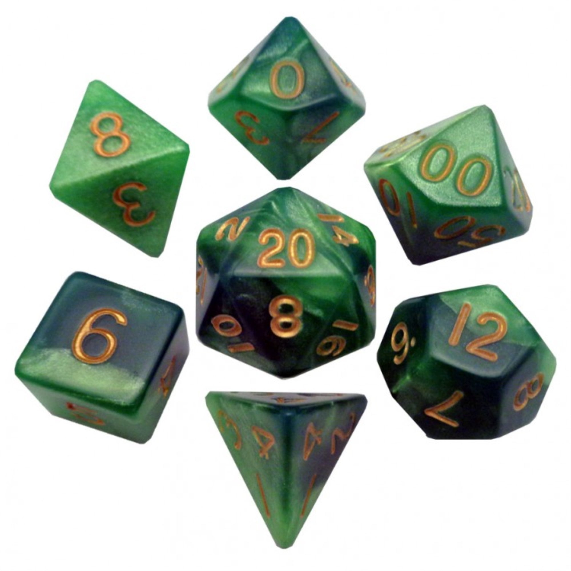Green and Light Green Resin Dice with Gold Numbers 16mm (5/8in) 7Dice