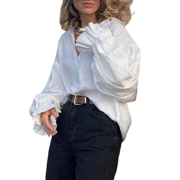 Women'S Pleated V Neck Puff Long Sleeve Button Down Blouse White L