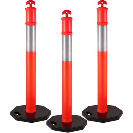 VEVOR 44-Inch Orange Traffic Delineator Posts, 3-Pack with 16-Inch Rubber Bases, PE Construction, 10-Inch Reflective Bands for Construction Sites and Facility Management