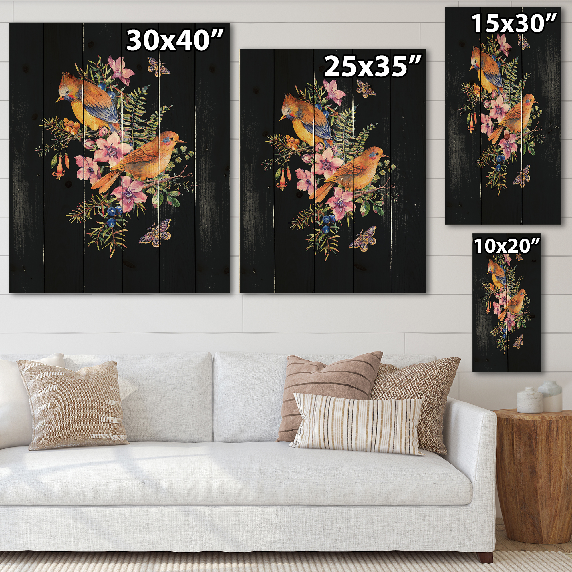 Designart 'Little Bird Sitting On Colourful Bouquet Of Wildflowers II' Traditional Print on Natural Pine Wood