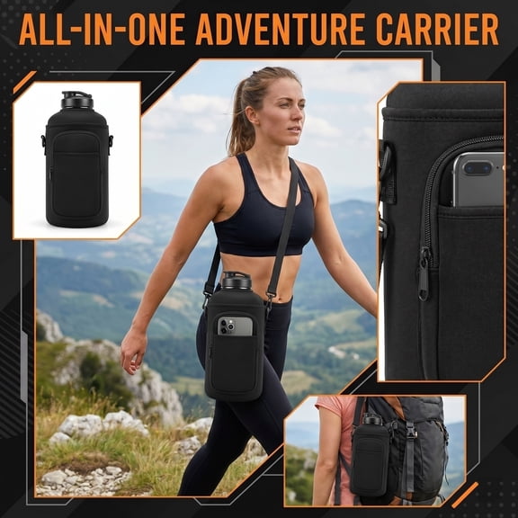 Insulated Water Bottle Carrier Bag with Adjustable Shoulder Strap, Bottle Holder with Multi-Pocket, 5.9*9 IN Water Bottle Sling for Gym, Hiking, Travel, Outdoor Sports,64 OZ