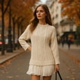 thumbnail image 4 of Women's Cable Knit Sweater Dress - Pleated Patchwork Mini Dress with Crewneck Long Sleeve, 4 of 7