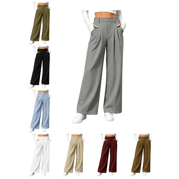 Busydd Waffle Wide Leg Pants for Women Trendy High Waisted Front Pleated Dress Pants Casual Business Solid Color Work Trousers with Side Pockets S