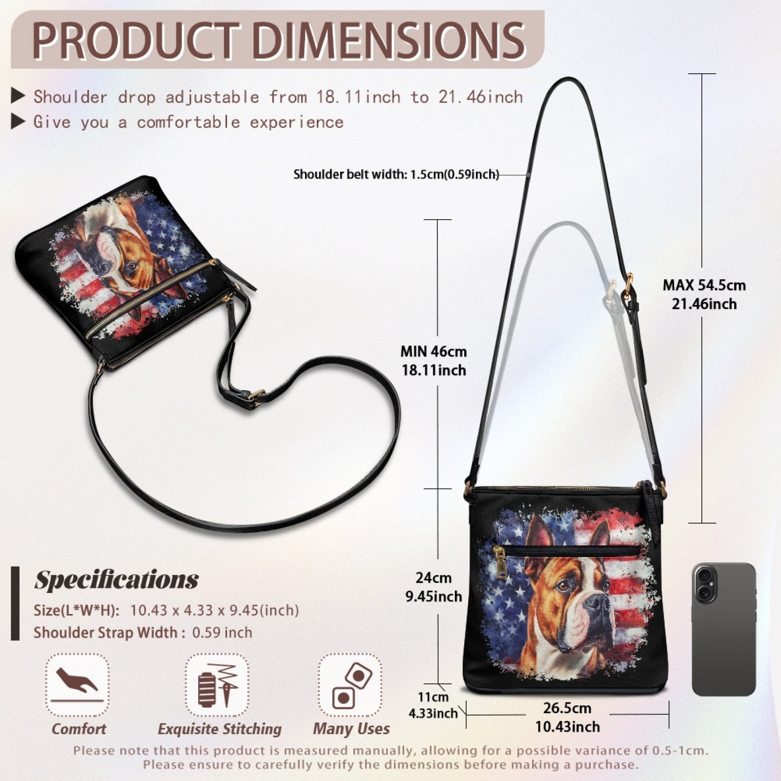 LedBack American Flag Boxer Leather Crossbody Purse for Women Lady, Multi Pocket Hobo Purse Satchel Handbag with Adjustable Strap, Sling Shoulder Handbag Messenger Bag, Gift for Women, Black