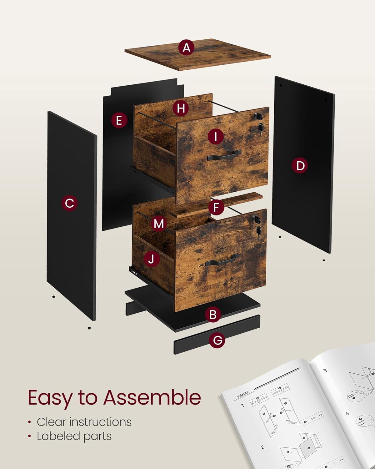 VASAGLE 2-Drawer Vertical File Cabinet Filing Cabinet Printer Stand Adjustable Hanging Rail for A4 and Letter-Size Files Rustic Brown