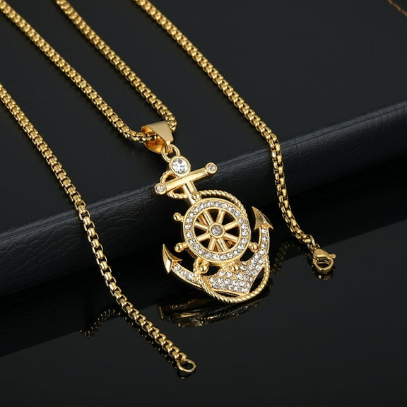 Hip hop Fashion Jewelry Boat Anchor Crystal Men 14K Yellow Gold Pendant Necklace