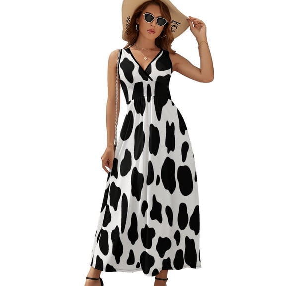 Black And White Cow Print Sleeveless Dress Dresses Women Summer Evening Dresses Ladies Bohemia Long Dresses