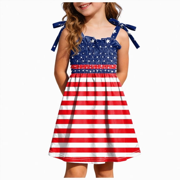 KPOPLK 4th of July Toddler Girl Outfit Dress Smocked USA Sleeveless Tie Strap Fouth of July Dresses Kids Patriotic Clothes(4-5 Years,Watermelon Red)