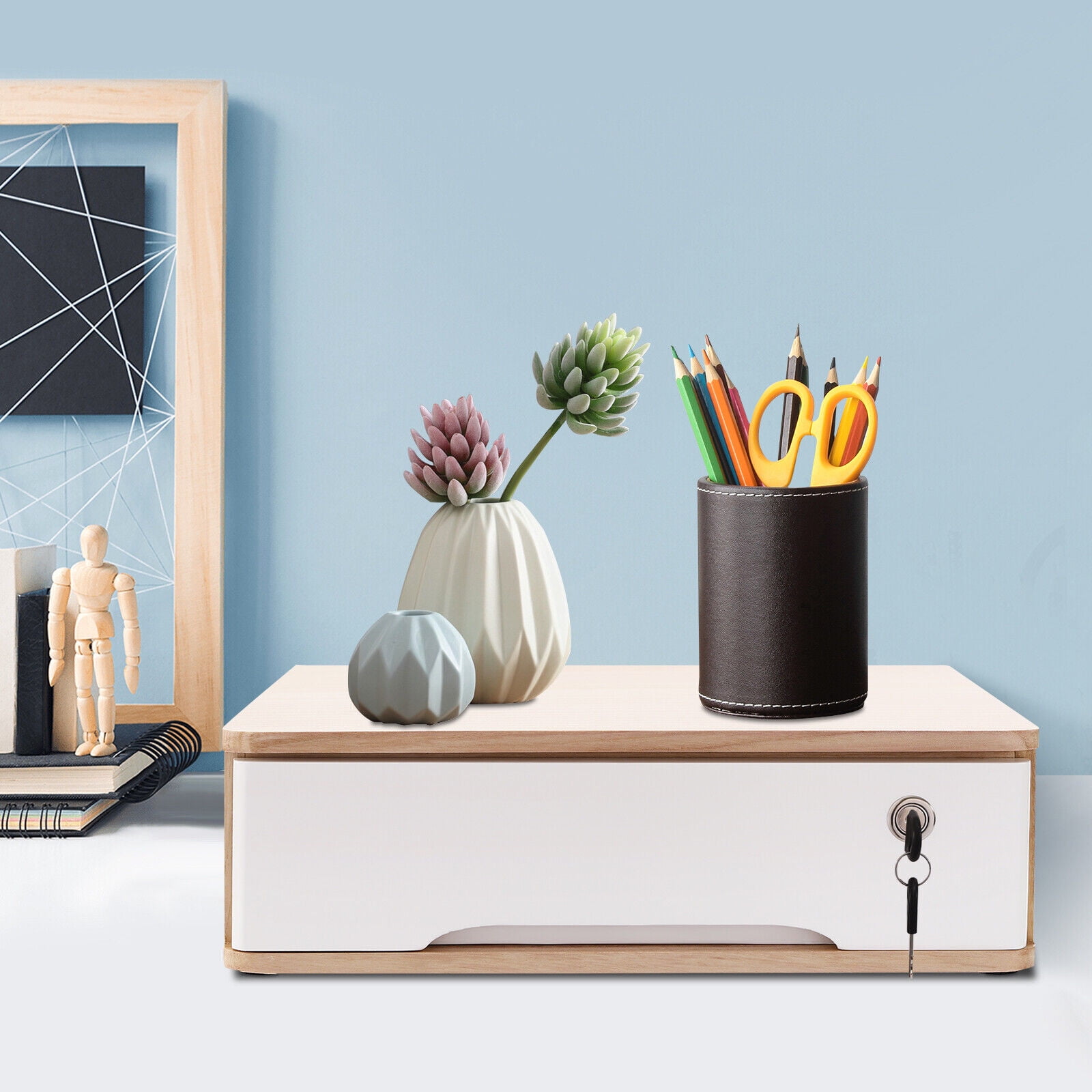 Home Wooden Desktop Storage Box with Lockable Drawer Office Supplies Drawer Organizer