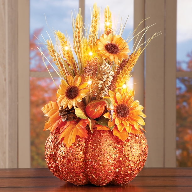 Glittered Light Up Pumpkin Harvest Centerpiece for Thanksgiving, Fall