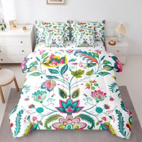 Manfei Boho Flower 7pcs Bedding Comforter Set,Tropical Plant Floral Queen Bedding Sets,bohemian Theme Queen Sheet Sets For Kids,Super Cozy Room Decor Reversible