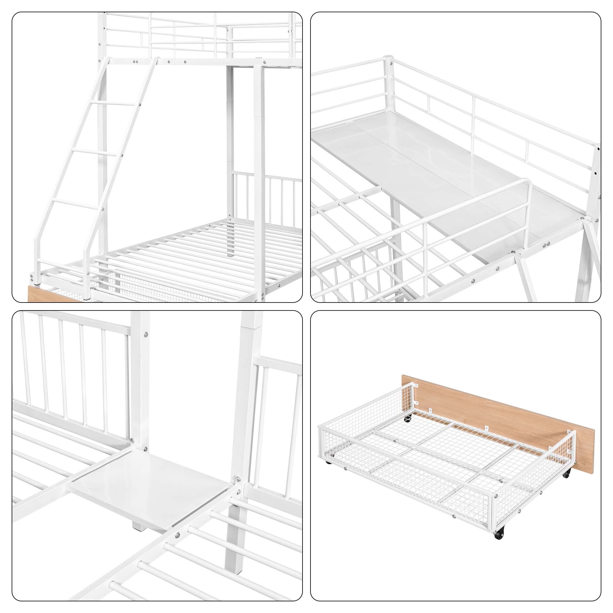 Aukfa Full over Twin over Twin Bunk Bed for 3, Metal Triple Bunk Bed with Storage Drawers for Kids Teens, White