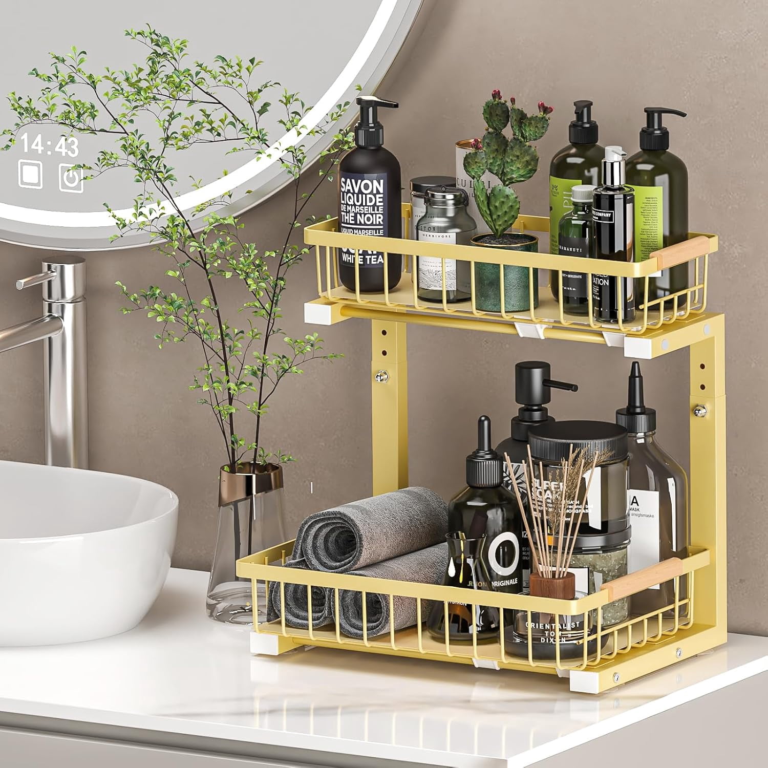 Under Sink Organizer 2 Pack, Height Adjustable Under Sink Organizers and Storage Shelf, 2 Tier Pull Out Cabinet Drawers for Kitchen Bathroom, Metal Under Sink Storage Rack, Gold