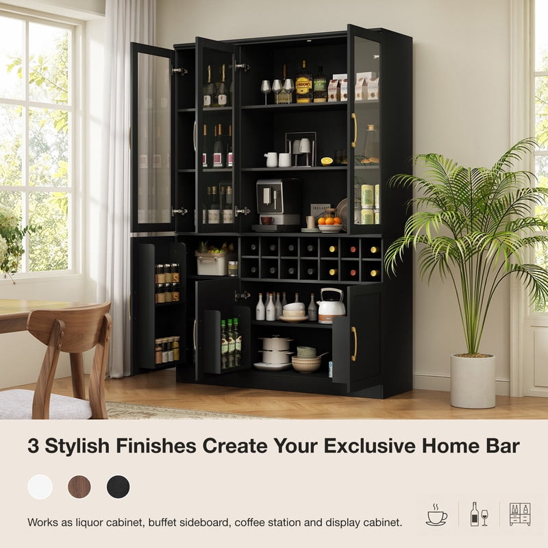 70.87" Tall Home Bar Cabinet with Glass Doors, Storage Cabinet with Removable Wine Cubbies, Kitchen Pantry with Adjustable Shelves