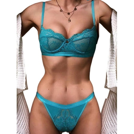 

Eloshman Women Lingerie Set Underwire Bra Sleepwear Deep V Neck Floral Underwear 2 Pieces Ladies Sheer Lace Mesh Solid Color Blue M