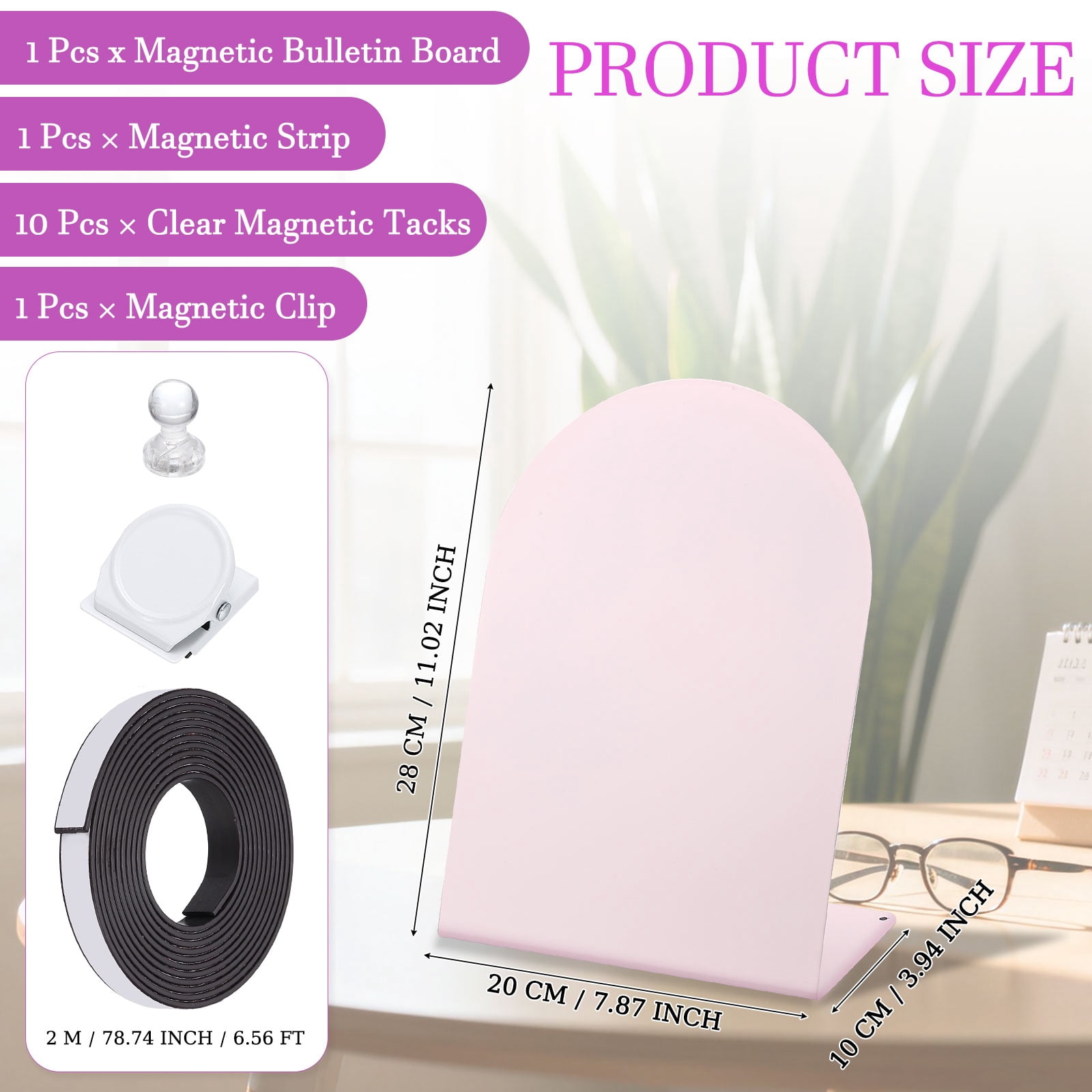 Uxcell Magnetic Bulletin Board, Memo Magnet Display Stand Board with Magnetic Accessory Set for Home Office Kitchen, Pink
