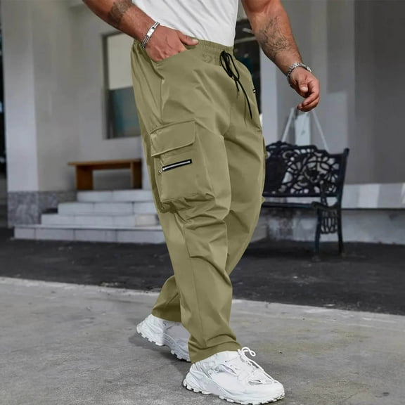 WAVSUF Tall and Big Men Multiple Pockets Cargo Pant for Mens Regular Fit Long Pants Motion Casual Tight Drawstring Elasticity Pants Beige Size S