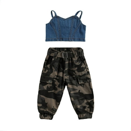 

Binpure 2Pcs Girl Outfits Button Down Denim Crop Tank Tops + Camouflage Pants