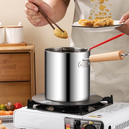 Kitchen Multi-function Mini 304 Stainless Steel Hot Oil Deep Pot, Mini Oil-saving Artifact with Filter, Three-in-one Frying Set (lid   Deep Pot   Matching Slip Through on Clearance