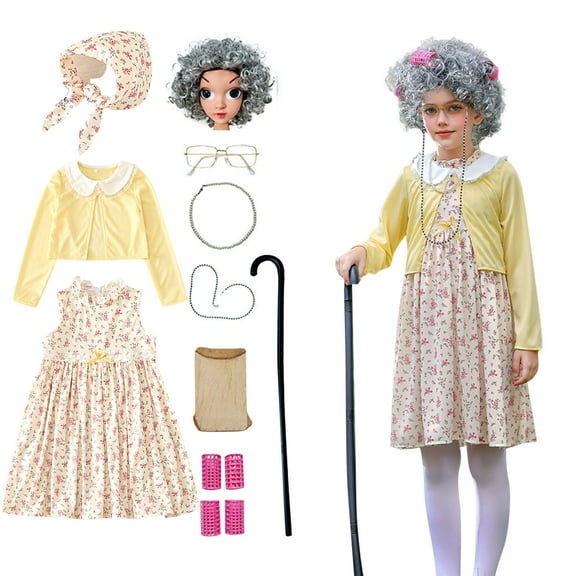 Qingpeng Old Lady Dress Up for Kids, 100th Day School Granny Wig Accessories Outfit