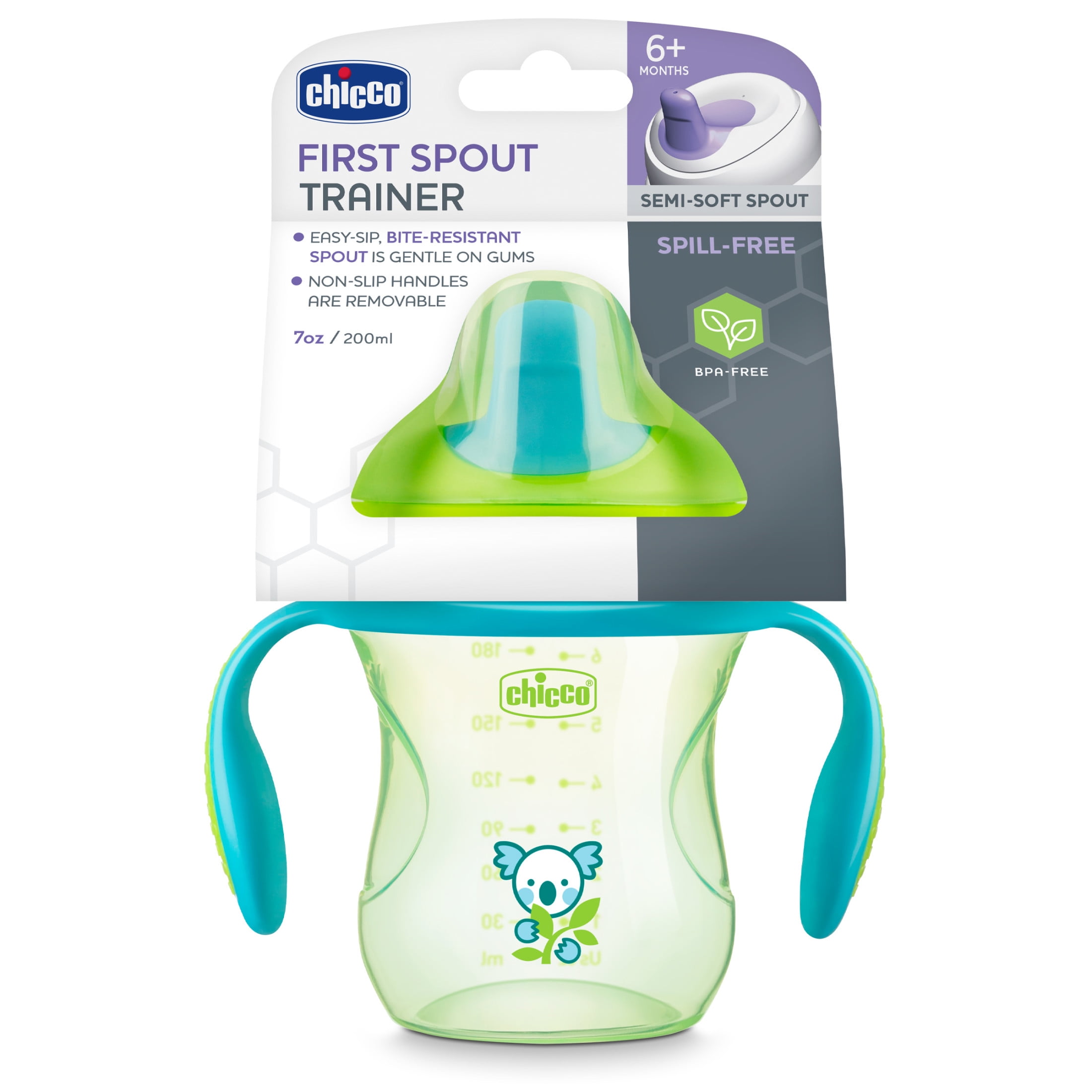 Chicco 7oz. Semi-Soft Trainer with Bite-Resistant Spout and Spill-Free Lid, Removable, Non-Slip Handles, Top-Rack Dishwasher Safe, Easy to Hold Ergonomic Indents, 6+ Months - Green, New