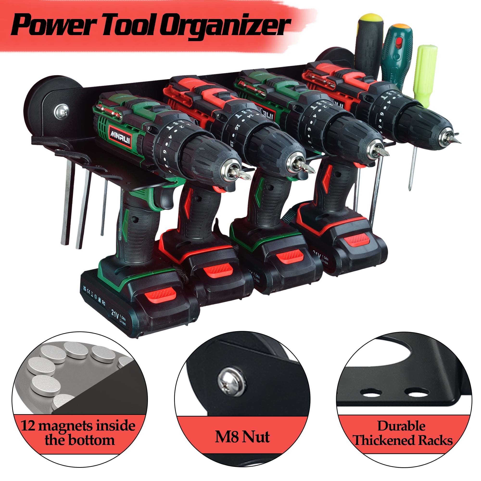 ULIBERMAGNET Magnetic Power Tool Organizer, Utility Storage Rack Shelf with Screwdriver Holder,Heavy Duty Cordless Drill Holder,Removable Tool Rack Suitable for Garage, Workshop and Warehouse
