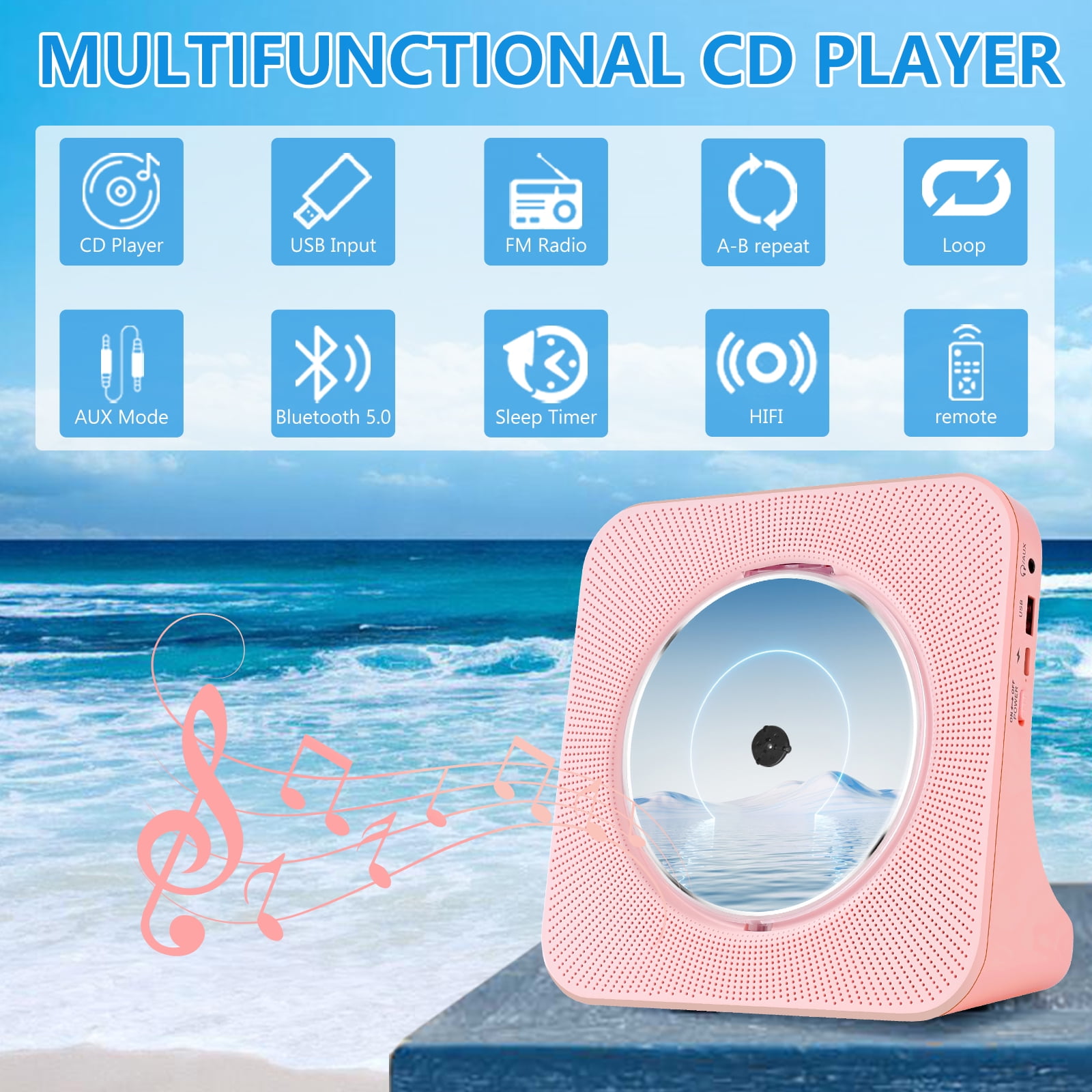 GJX Bluetooth CD Player with FM Radio/USB/AUX, Portable CD Player, Home Pink CD Music Player with HIFI Speakers, Remote Control, Dust Cover