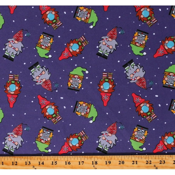 Cotton Christmas Gnomes Snowflakes Holidays Winter Festive Purple Cotton Fabric Print by the Yard (122165)