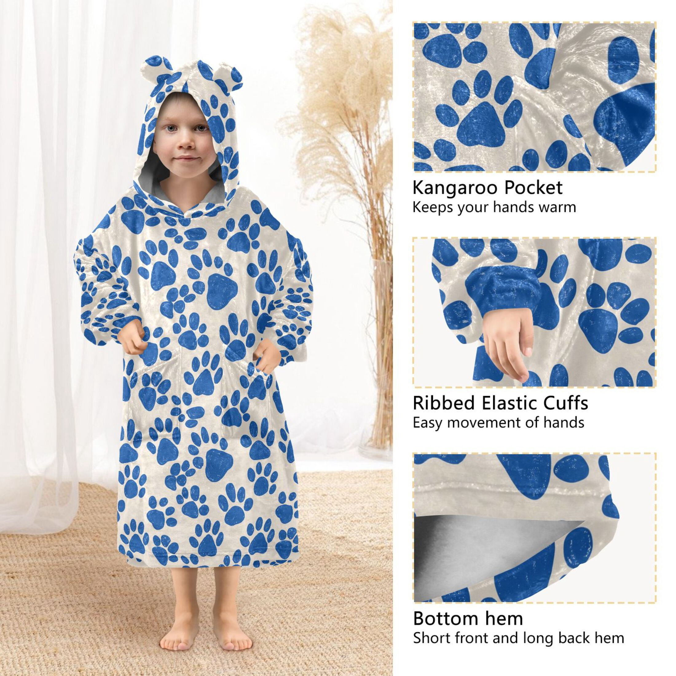 Wearable Blanket Hoodie for Kids Dog Footprints Flannel Hooded Blanket with Pockets and Sleeves Suitable for Boys and Girls