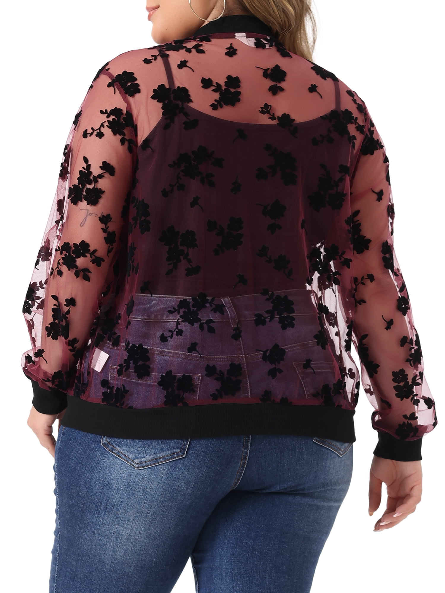 DARING DIVA Plus Size Mesh Sheer Floral Long Sleeve Bomber Jacket 1X Burgundy