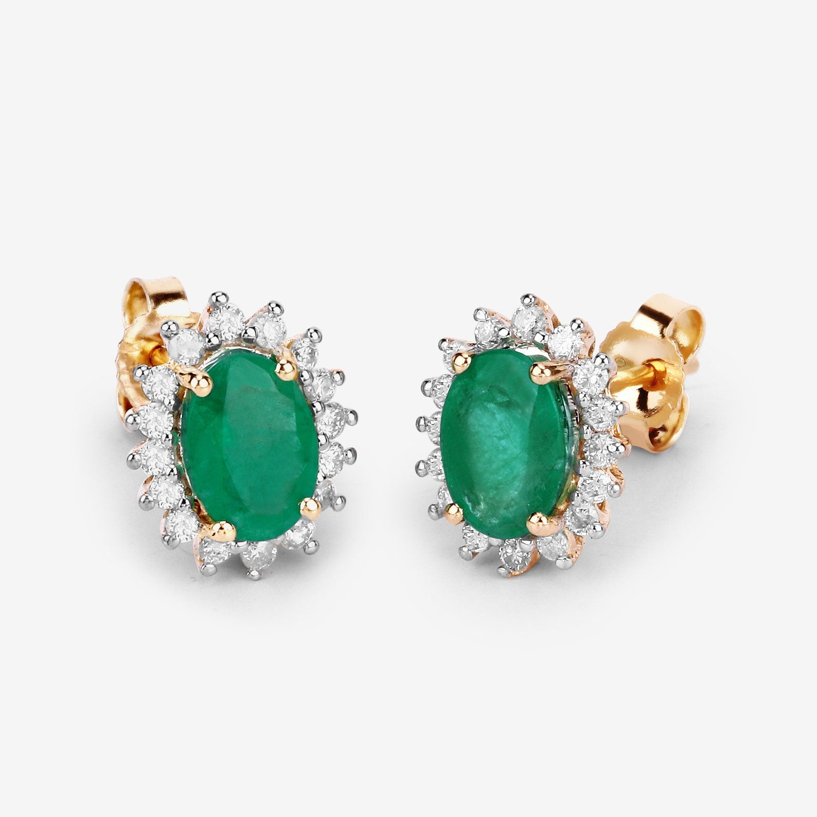 18Ct Emerald Earrings, Genuine Emerald Oval and Diamond 14k Yellow Gold Stud Plated Earrings for Women, Bridesmaid Gift, May Birthstone Gift