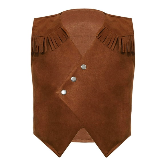 YUUMIN Halloween Boys Western Cowboy Vest Top Kids V-Neck Open Front Tassel Dressy Waistcoat Brown 16