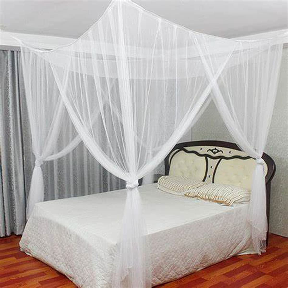 White Bed Canopy Curtains, 4 Corner Bed Canopy Queen - 80" L X 70" W X 100" H White Canopy for Twin Bed for Better Sleep - Easy to Assemble Bed Mosquito Net for Bed, Ideal Queen Canopy Bed Curtains