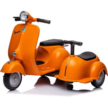 Tabaray Licensed Vespa Electric Ride-On Motorcycle with Sidecar-12V/6V Electric Car for Boys and Girls-2 Seater with Storage Bin, Bluetooth, Headlights-Licensed Product-Max Speed 4.8mph (Orange-6V)