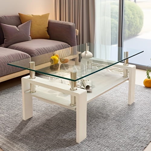 Rectangle Coffee Table, Tempered Glass Tabletop with MDF Layer, Modern Table for Living Room , Transparent Glass