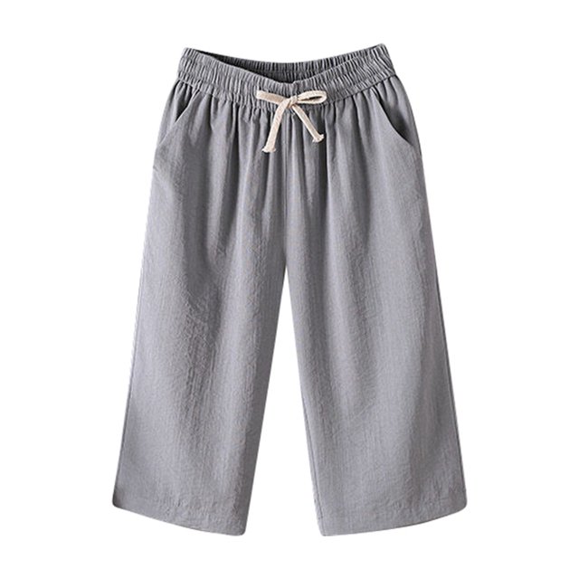 LUOGENLI Female Casual Pants Women's Summer Solid Color Drawstring Pocket Versatile Elastic Waist Design Casual Cropped Pants Women's Casual Pants Stretch Grey XXL