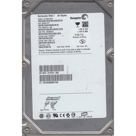 ST340014AS, 5MQ, WU, PN 9W2015-630, FW 3.43, Seagate 40GB SATA 3.5 Hard Drive