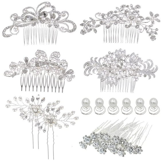 32 Pack Silver Wedding Hair Side Combs U-shaped & Twist Bridal Hair Pins Pieces Accessories Rhinestone Pearls for Women Girls Brides Bridesmaids