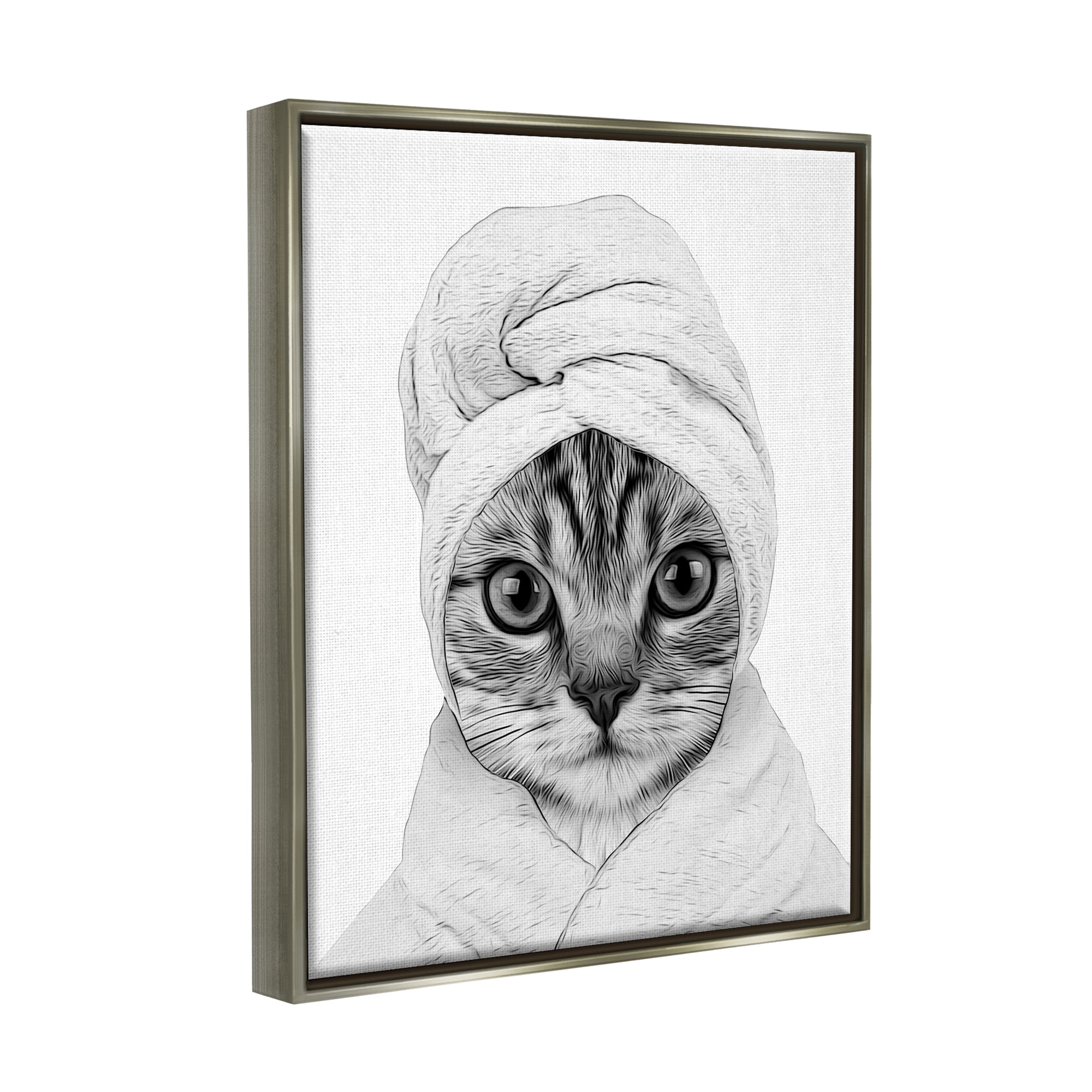 Stupell Industries Funny Cat In Bathrobe Portrait Animals & Insects Painting Gray Floater Framed Art Print Wall Art