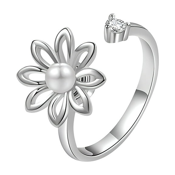 Rotating Floral Adjustable Ring, White Gold-Plated Copper with Zirconia