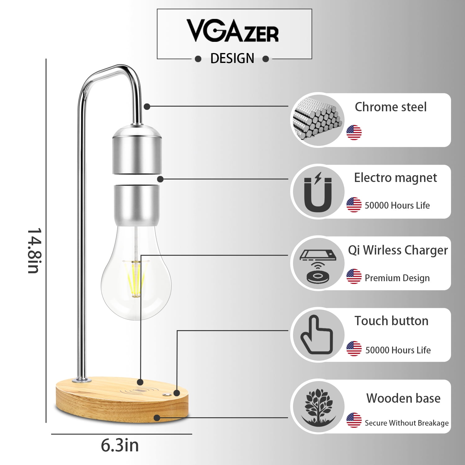 VGAzer Magnetic Levitating Floating LED Light Bulb with Wireless Charger for Desk Lamp,Room Decor