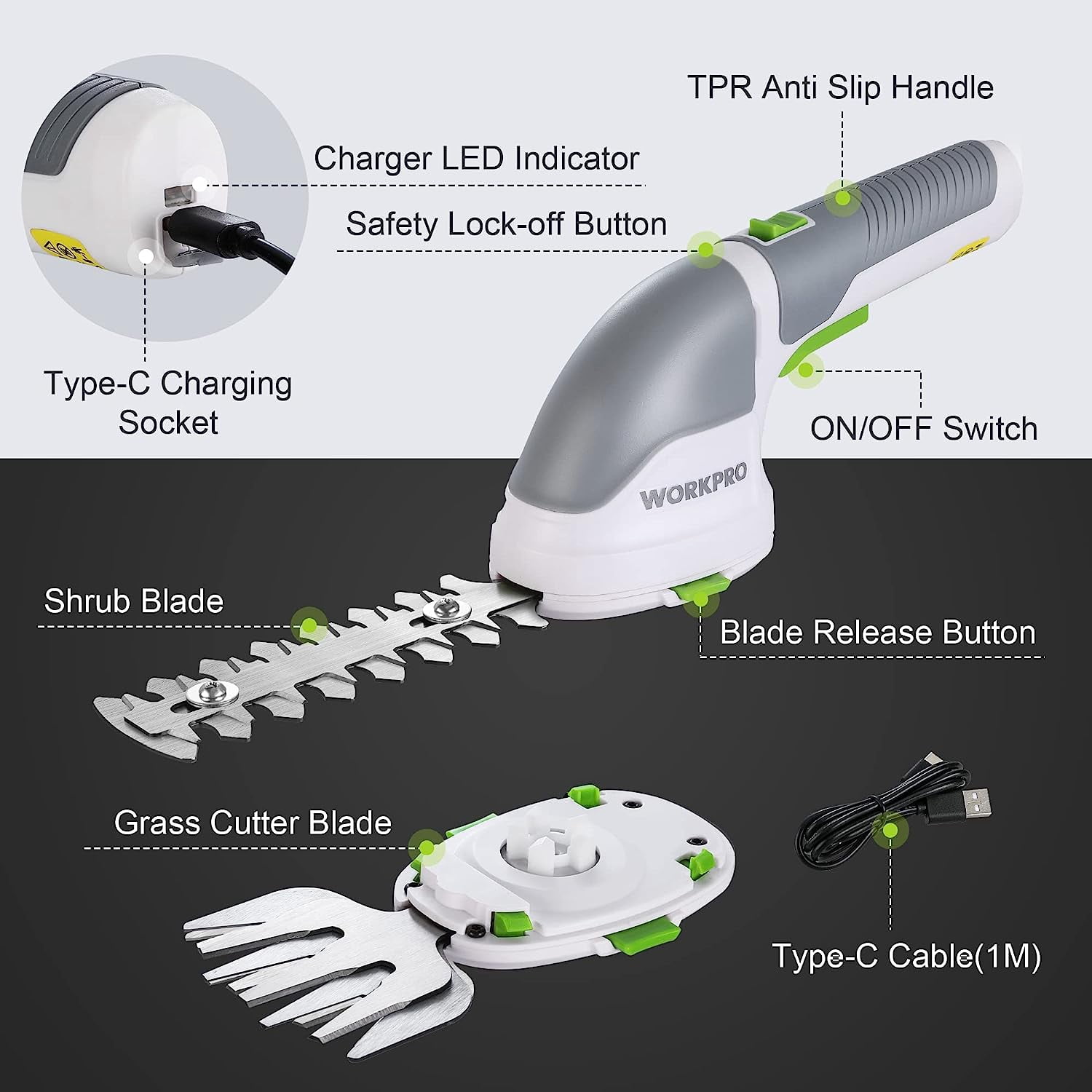 Cordless Grass Shear & Shrubbery Trimmer - 2 in 1 Handheld Hedge Trimmer Electric Grass Trimmer Hedge Shears/Grass Cutter Rechargeable Lithium-Ion Battery and Type-C Cable Included (White)