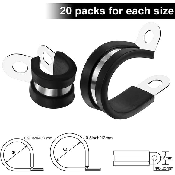 Stainless Steel Wire Clamp Rubber Cushioned Insulated Clamp Wire Clamp Assortment Kit Wire Hose Clamp for Wiring, Line, Hose, and Cable (40, 1/2 Inch, 1/4 Inch)